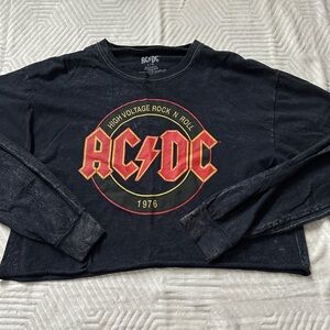 AC/DC Cropped Long Sleeve Band Tee Distressed Black Graphic Rock Shirt Size L